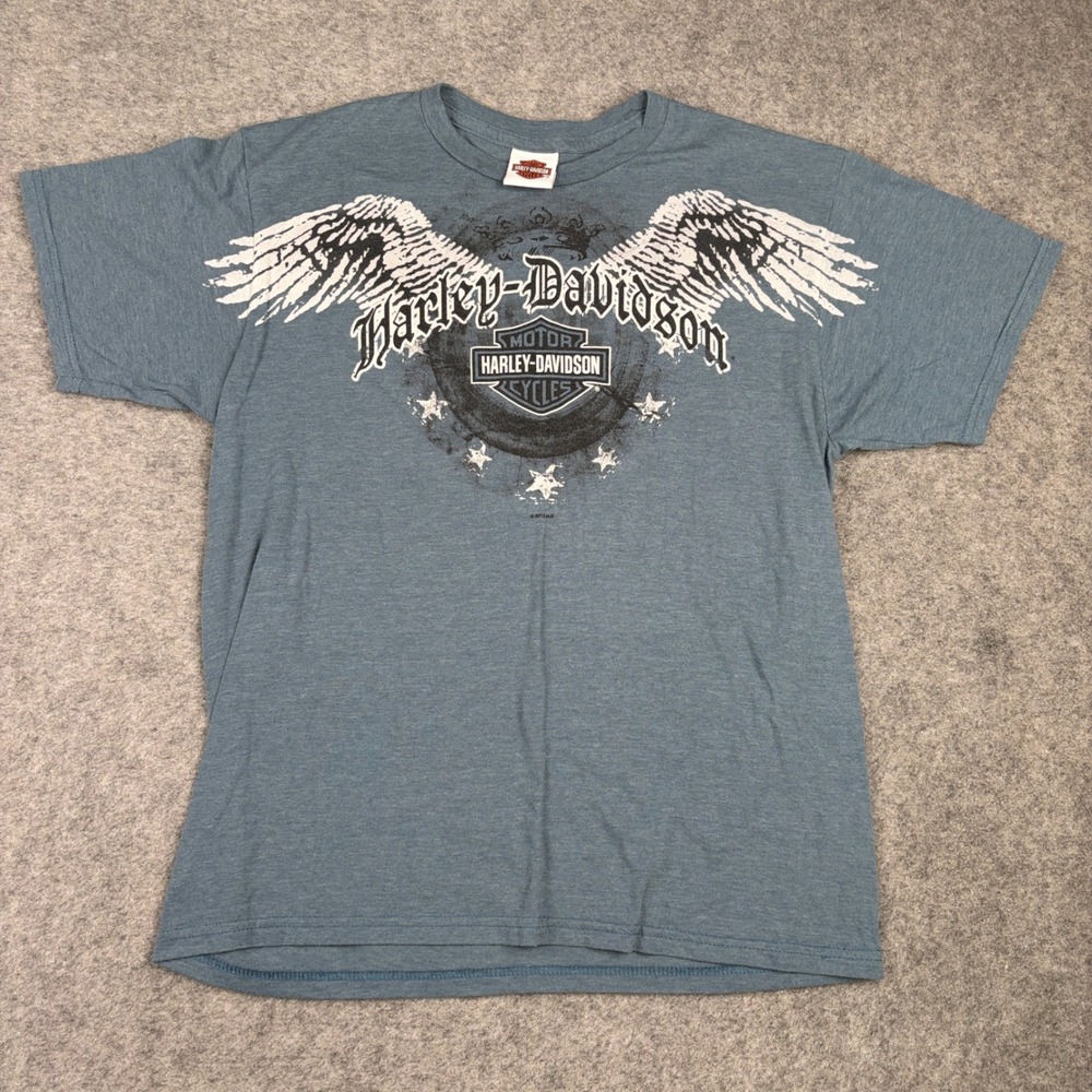 Y2K Harley Davidson T-Shirt Mens Medium Blue Charlotte NC Wing Graphic Tee 2012